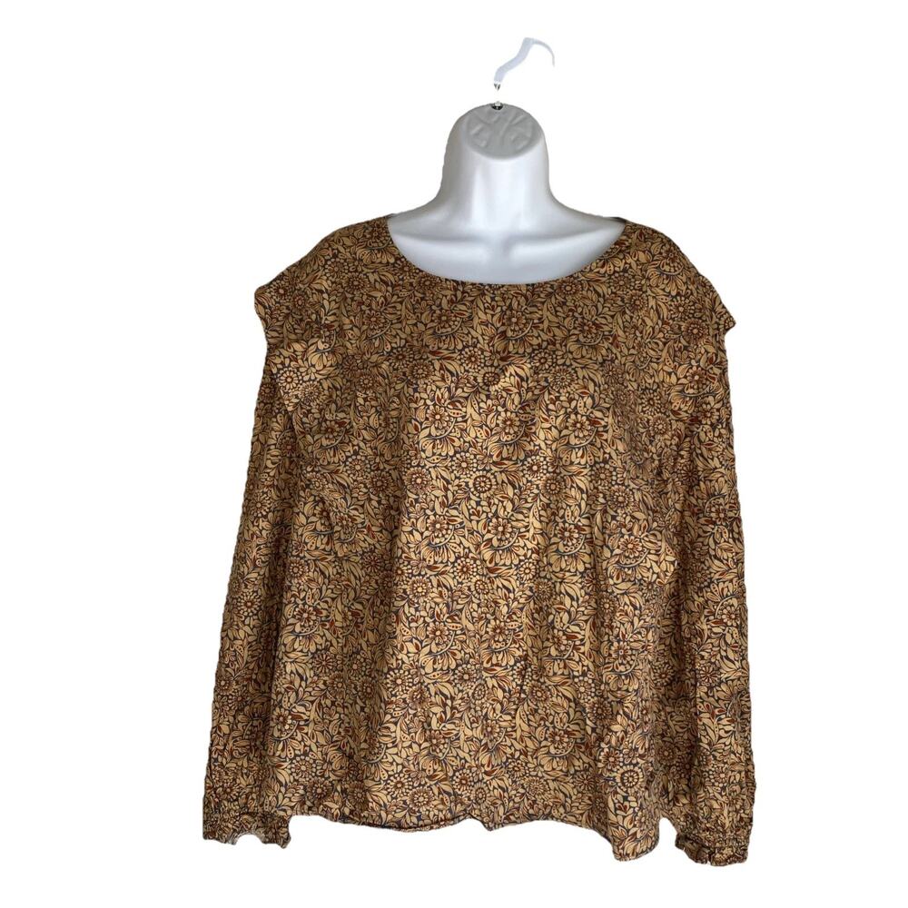 ana A New Approach Womens Plus 1X Floral Boho Peasant Top Brown Rayon Cotton